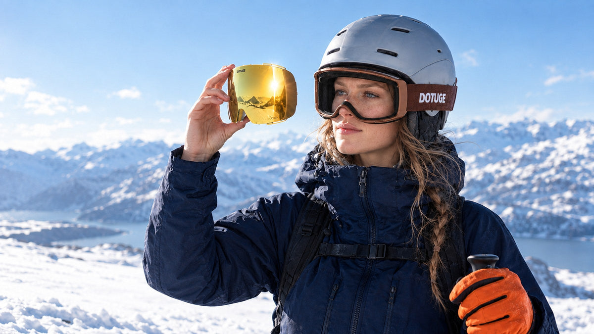 Snowgest Magnetic collection banner: skier fitting a magnetic interchangeable lens