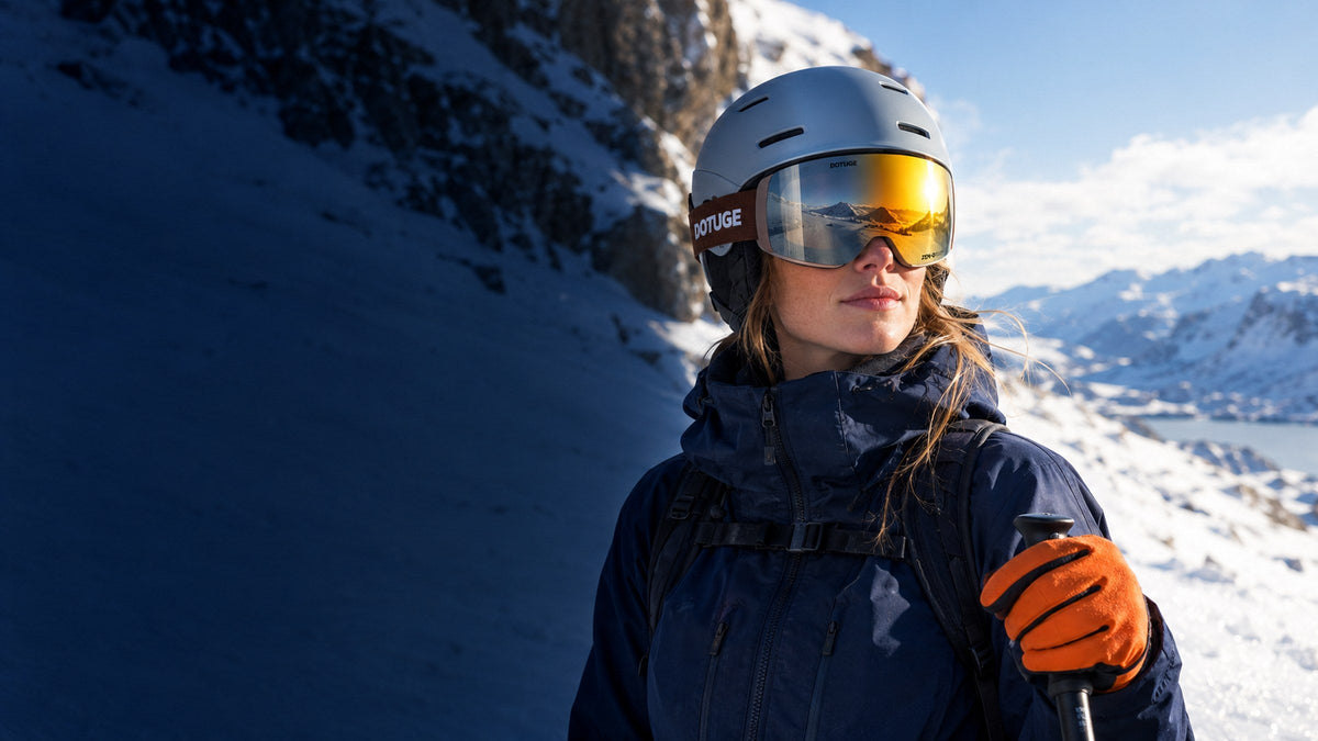Snowgest Photochromic collection banner: skier moving from shade into sun in photochromic goggles