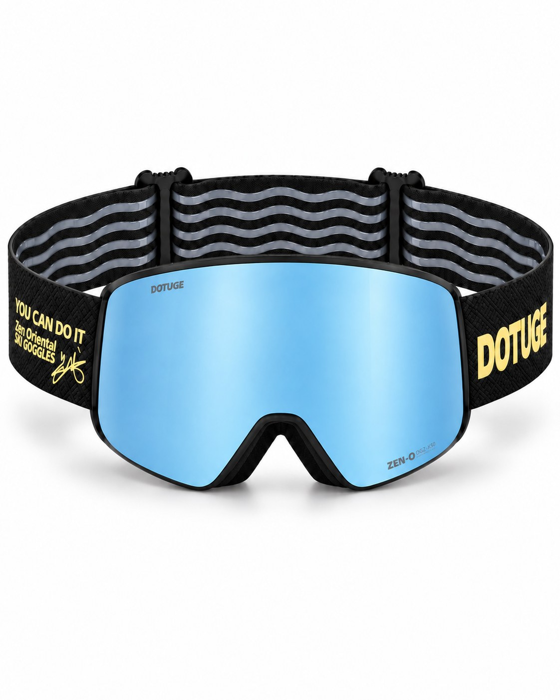 Alpine 1 | Snow Goggles | Cylindrical Lens, UV400 Protection | Skiing and Snowboarding-Blue Lens / Black Frame / Black Strap – front view, studio – Snowgest