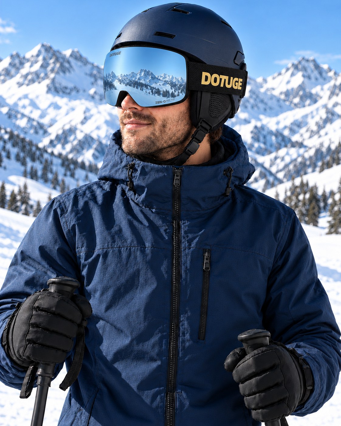 Alpine 1 | Snow Goggles | Cylindrical Lens, UV400 Protection | Skiing and Snowboarding-Blue Lens / Black Frame / Black Strap – worn by a skier on the slopes – Snowgest