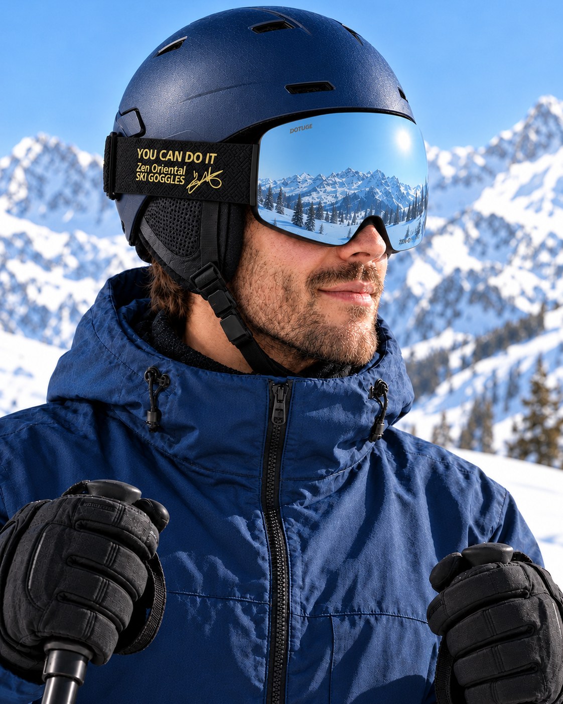 Alpine 1 | Snow Goggles | Cylindrical Lens, UV400 Protection | Skiing and Snowboarding-Blue Lens / Black Frame / Black Strap – side view worn by a skier – Snowgest