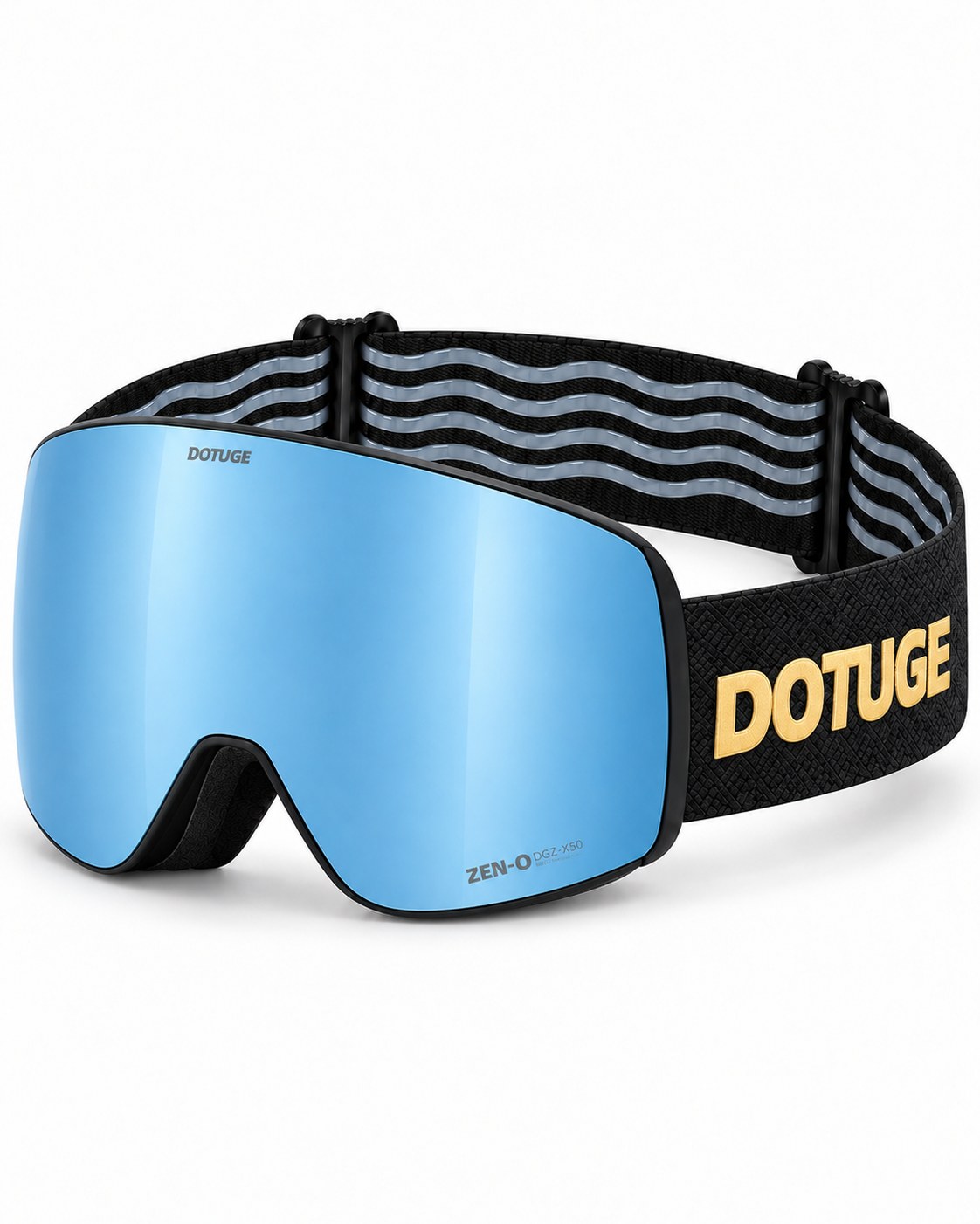 Alpine 1 | Snow Goggles | Cylindrical Lens, UV400 Protection | Skiing and Snowboarding-Blue Lens / Black Frame / Black Strap – three-quarter view, studio – Snowgest