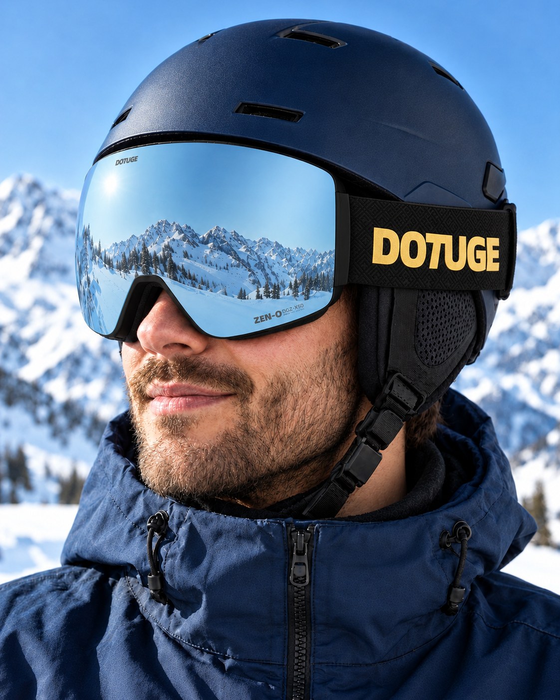 Alpine 1 | Snow Goggles | Cylindrical Lens, UV400 Protection | Skiing and Snowboarding-Blue Lens / Black Frame / Black Strap – worn with a ski helmet, close-up – Snowgest