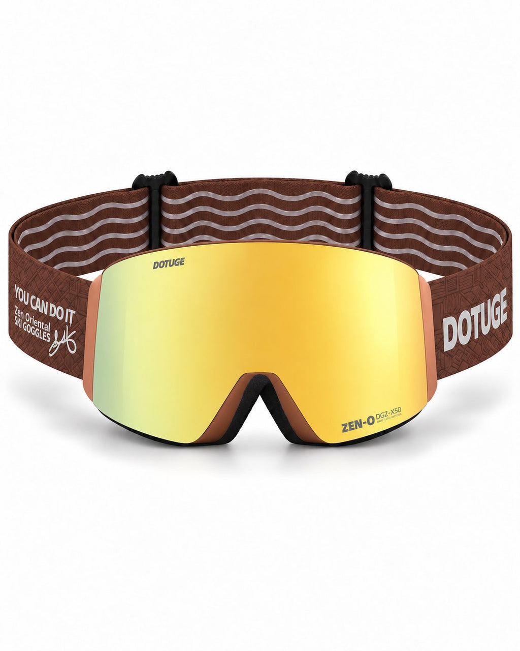 Alpine 2 | Snow Goggles | Photochromic Cylindrical Lens, UV400 Protection | Skiing and Snowboarding-Gold Lens / Brown Frame / Brown Strap – front view, studio – Snowgest