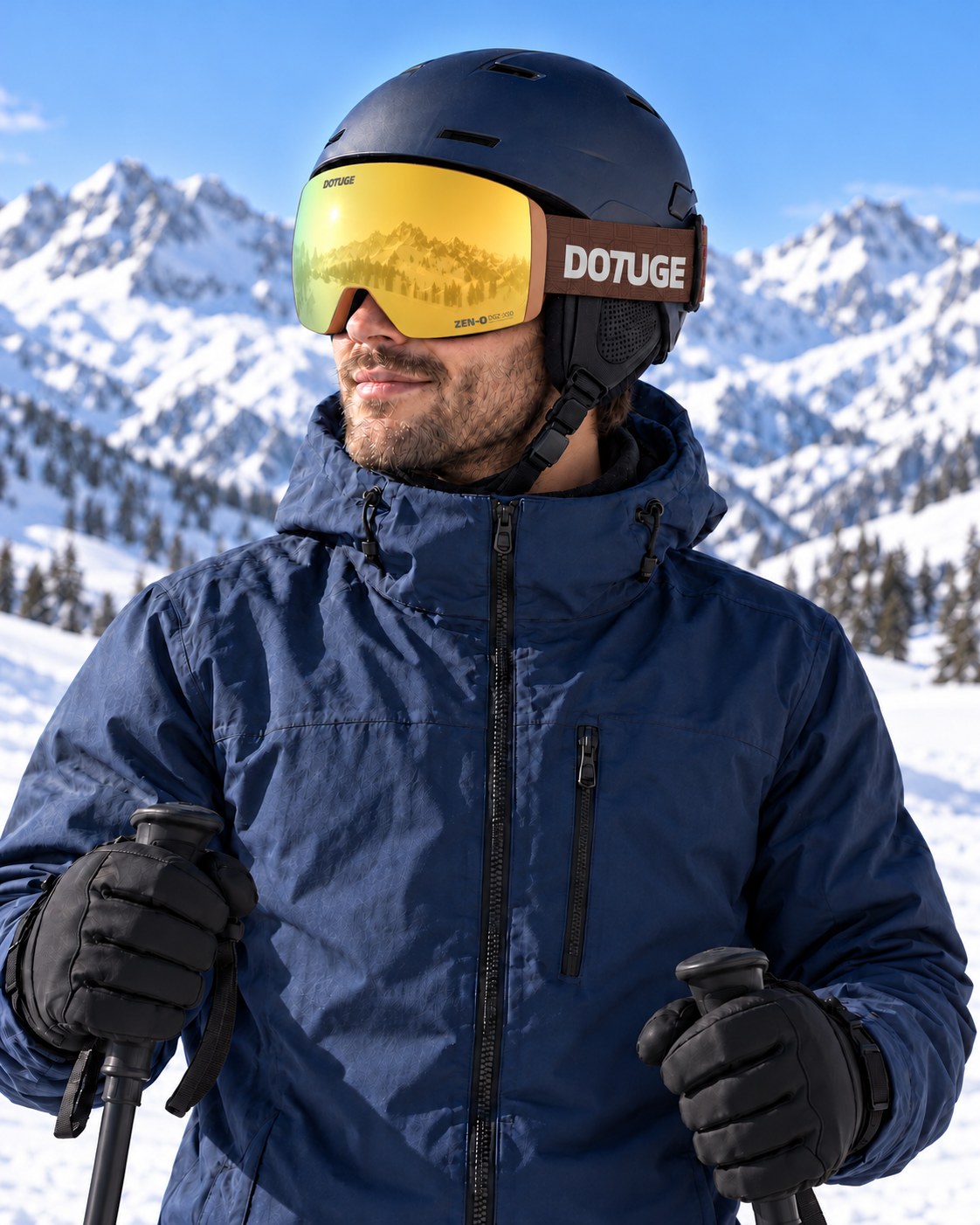 Alpine 2 | Snow Goggles | Photochromic Cylindrical Lens, UV400 Protection | Skiing and Snowboarding-Gold Lens / Brown Frame / Brown Strap – worn by a skier on the slopes – Snowgest