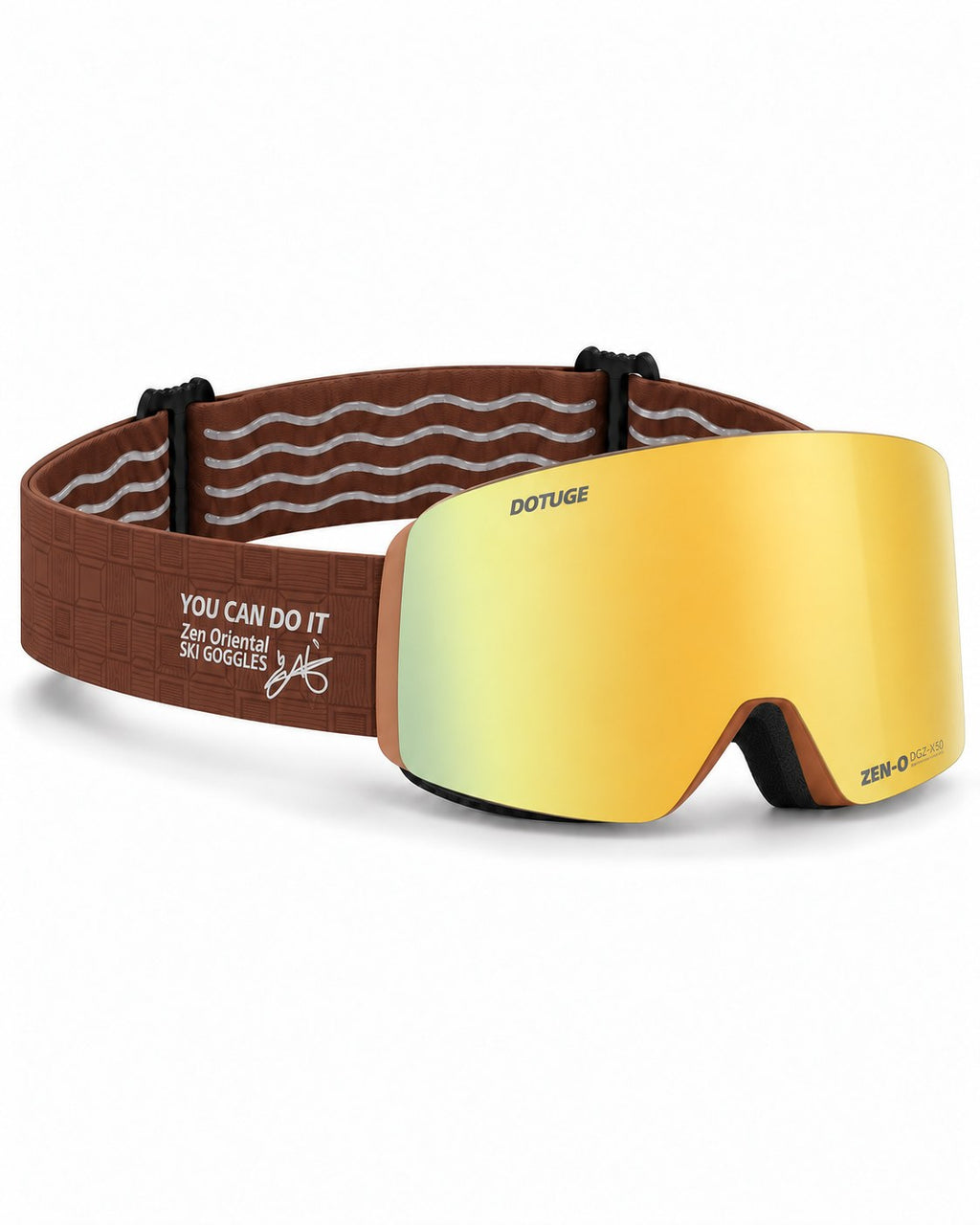 Alpine 2 | Snow Goggles | Photochromic Cylindrical Lens, UV400 Protection | Skiing and Snowboarding-Gold Lens / Brown Frame / Brown Strap – opposite side view, studio – Snowgest
