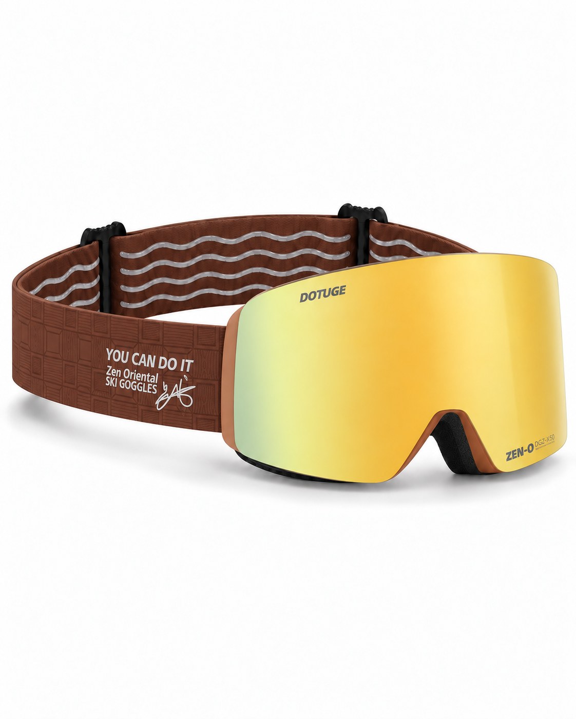 Alpine 2 | Snow Goggles | Photochromic Cylindrical Lens, UV400 Protection | Skiing and Snowboarding-Gold Lens / Brown Frame / Brown Strap – opposite side view, studio – Snowgest