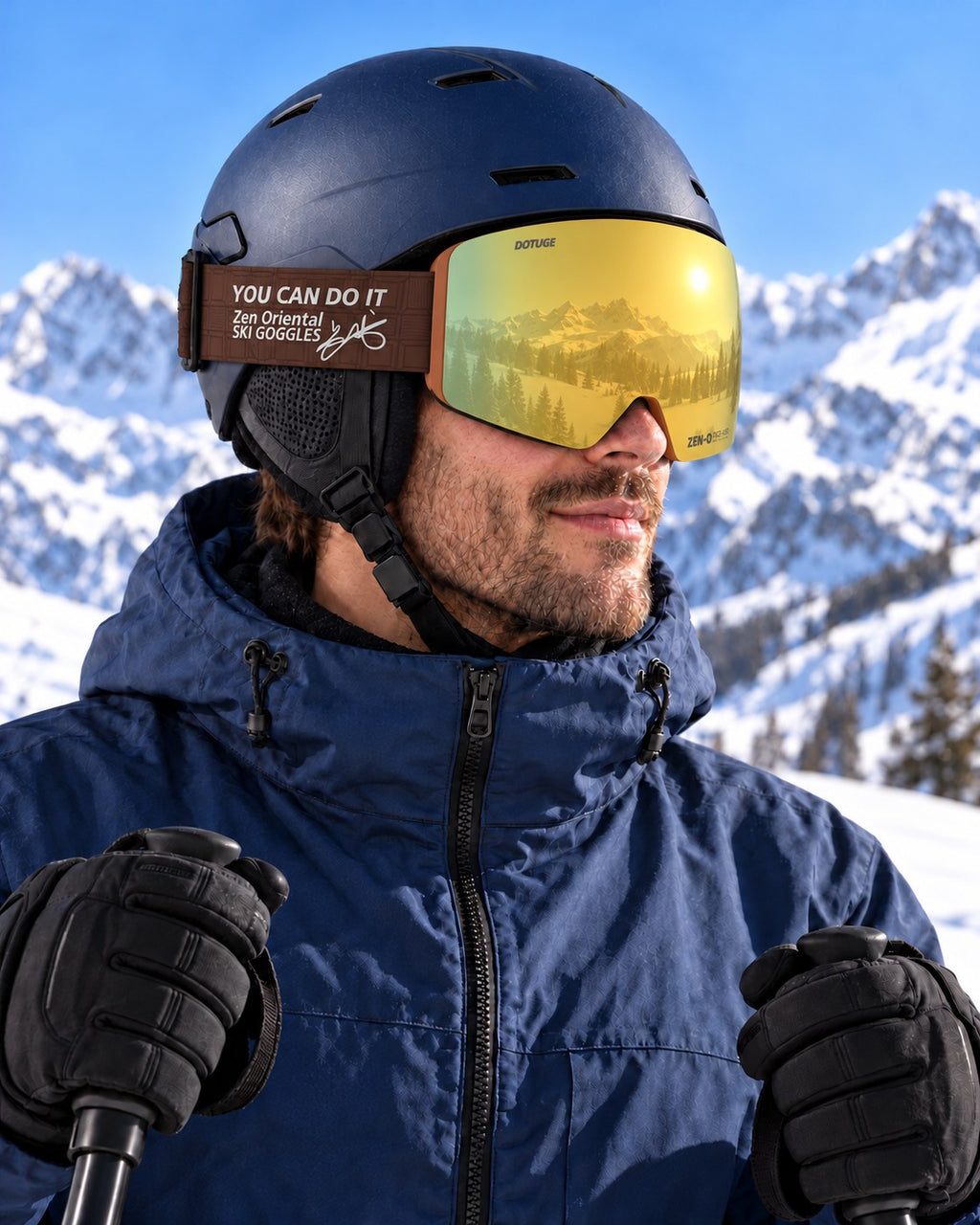 Alpine 2 | Snow Goggles | Photochromic Cylindrical Lens, UV400 Protection | Skiing and Snowboarding-Gold Lens / Brown Frame / Brown Strap – side view worn by a skier – Snowgest