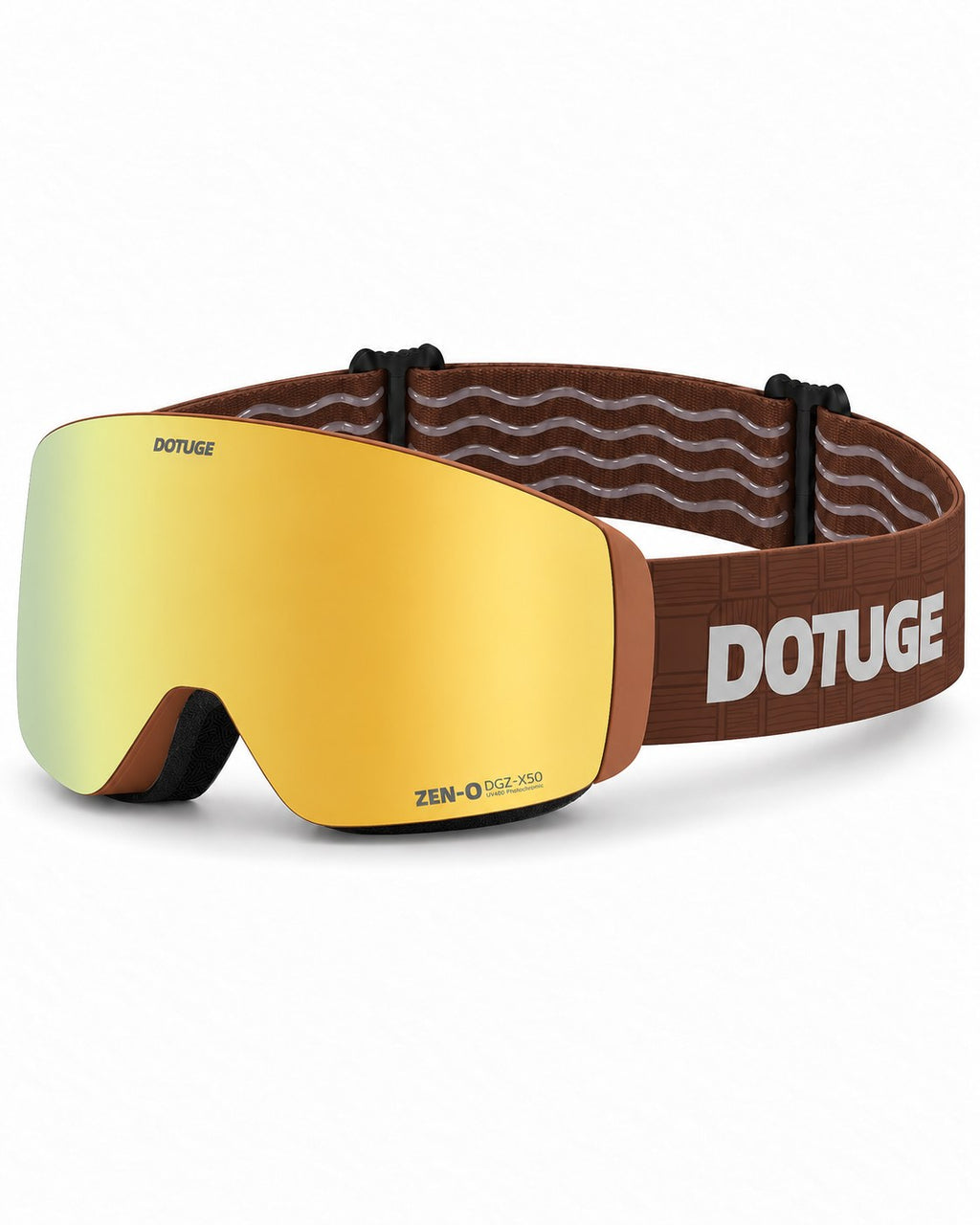 Alpine 2 | Snow Goggles | Photochromic Cylindrical Lens, UV400 Protection | Skiing and Snowboarding-Gold Lens / Brown Frame / Brown Strap – three-quarter view, studio – Snowgest