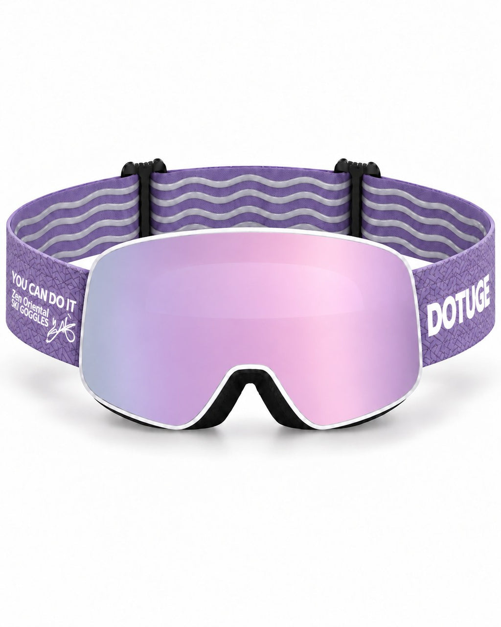 Aurora | Snow Goggles | Cylindrical Lens, UV400 Protection | Skiing and Snowboarding-Pink Lens / White Frame / Purple Strap – front view, studio – Snowgest