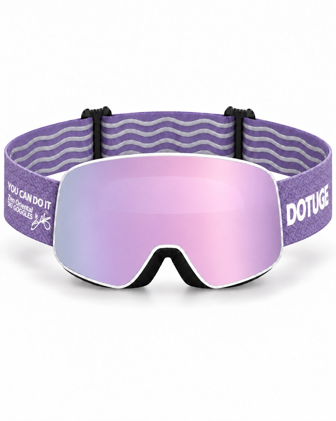Aurora | Snow Goggles | Cylindrical Lens, UV400 Protection | Skiing and Snowboarding-Pink Lens / White Frame / Purple Strap – front view, studio – Snowgest