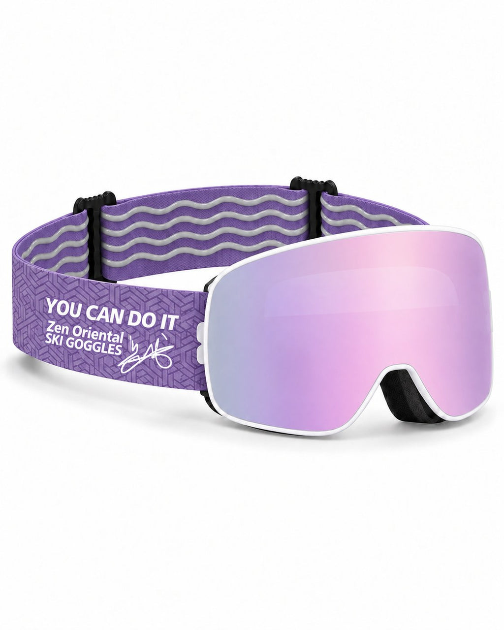 Aurora | Snow Goggles | Cylindrical Lens, UV400 Protection | Skiing and Snowboarding-Pink Lens / White Frame / Purple Strap – opposite side view, studio – Snowgest