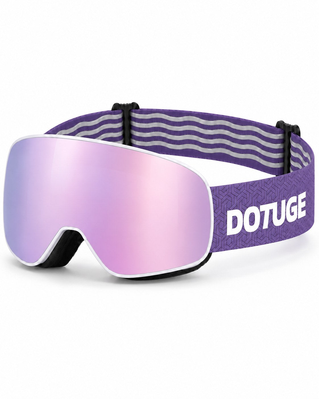 Aurora | Snow Goggles | Cylindrical Lens, UV400 Protection | Skiing and Snowboarding-Pink Lens / White Frame / Purple Strap – three-quarter view, studio – Snowgest