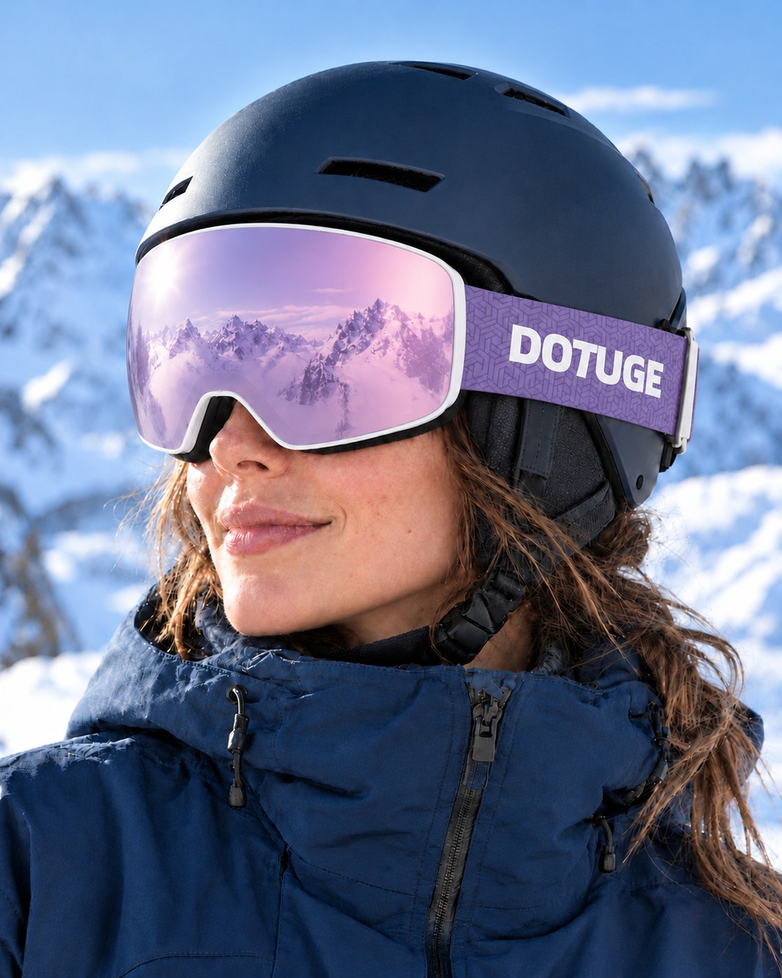 Aurora | Snow Goggles | Cylindrical Lens, UV400 Protection | Skiing and Snowboarding-Pink Lens / White Frame / Purple Strap – worn with a ski helmet, close-up – Snowgest
