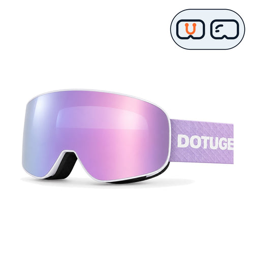 Aurora | Snow Goggles | Cylindrical Lens, UV400 Protection | Skiing and Snowboarding-Pink Lens / White Frame / Purple Strap-Snowgest