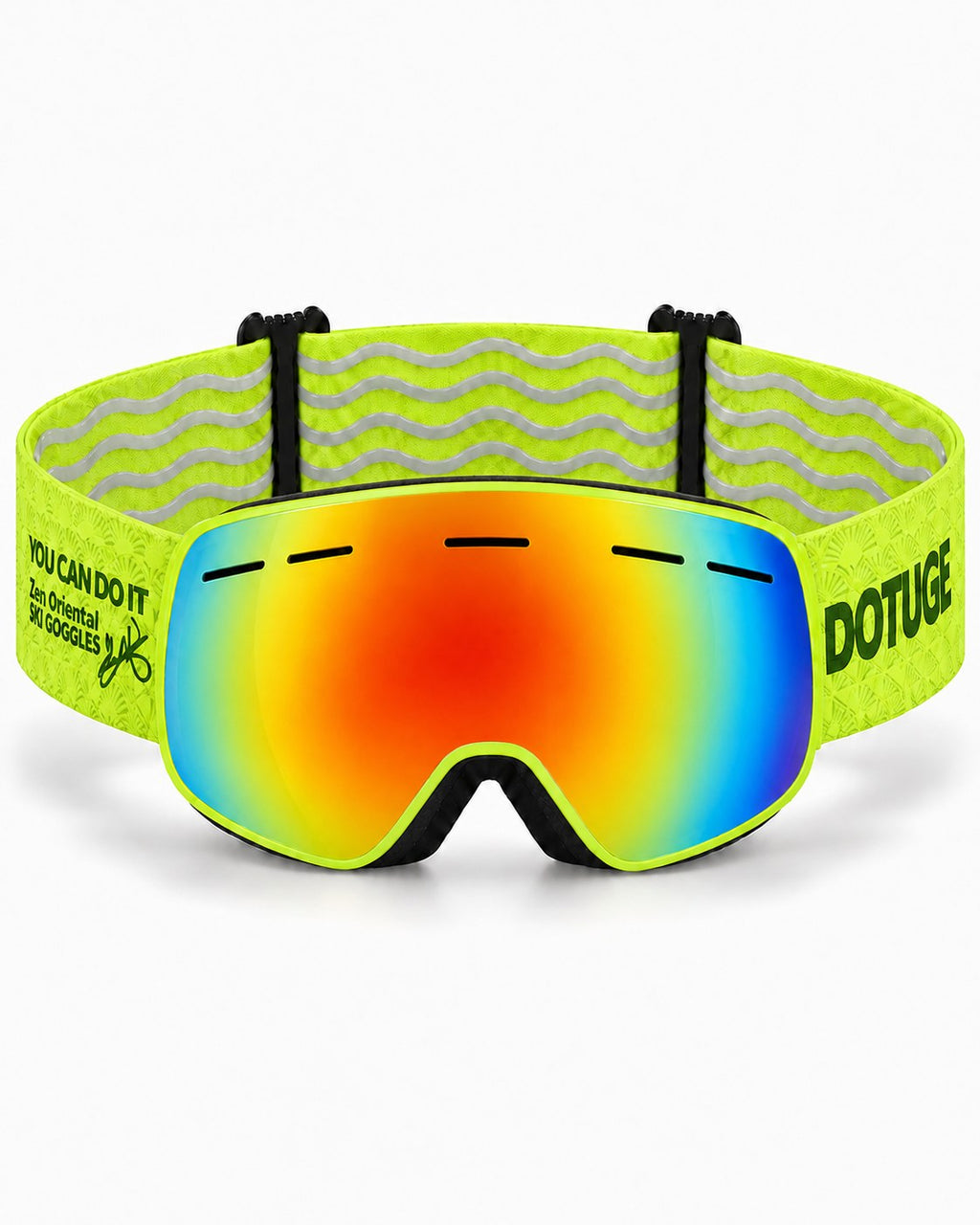 Bumble | Kids Snow Goggles | Spherical Lens, UV400 Protection | Skiing and Snowboarding-Rainbow Lens / Neon Green Frame / Neon Green Strap – front view, studio – Snowgest