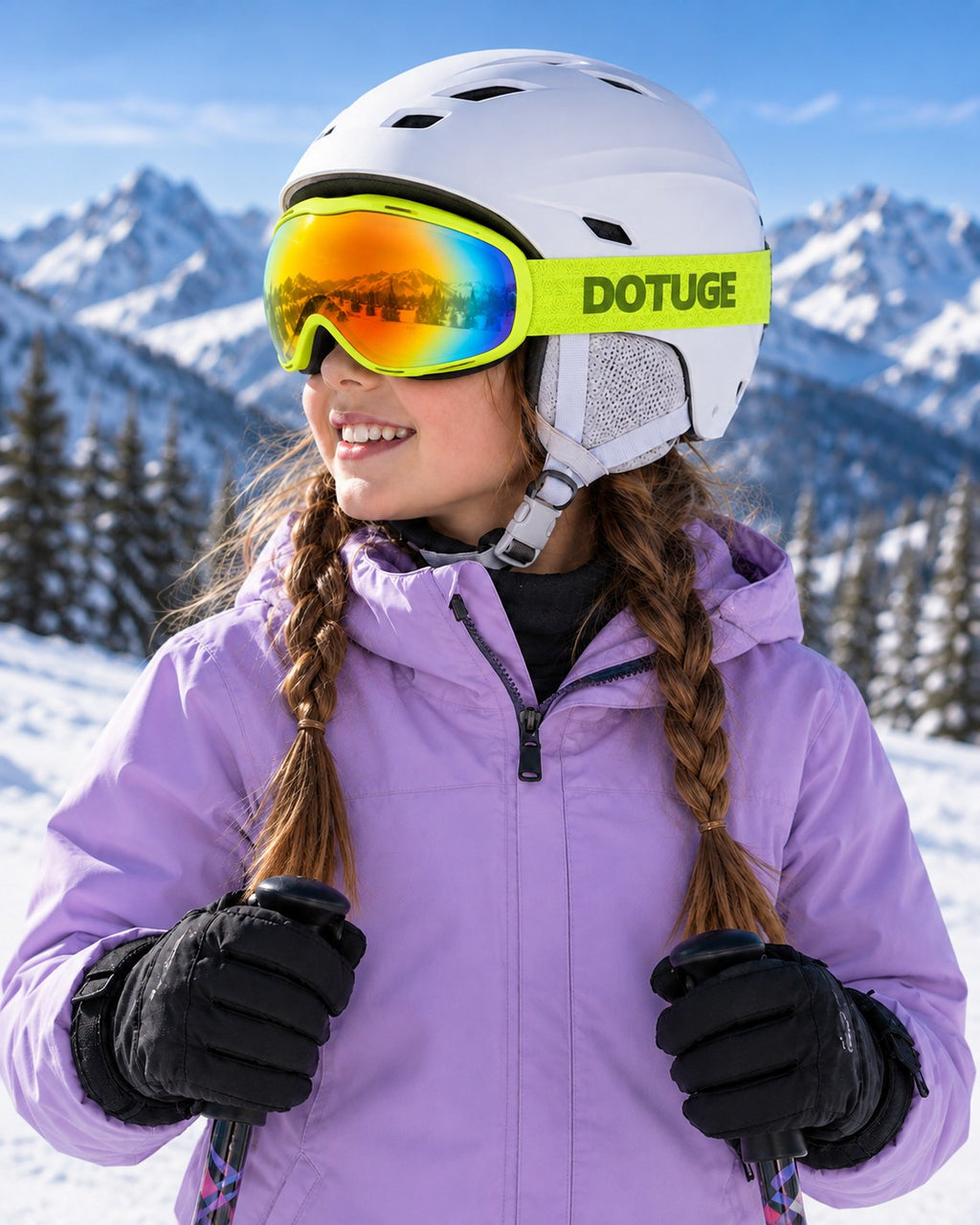 Bumble | Kids Snow Goggles | Spherical Lens, UV400 Protection | Skiing and Snowboarding-Rainbow Lens / Neon Green Frame / Neon Green Strap – worn by a skier on the slopes – Snowgest