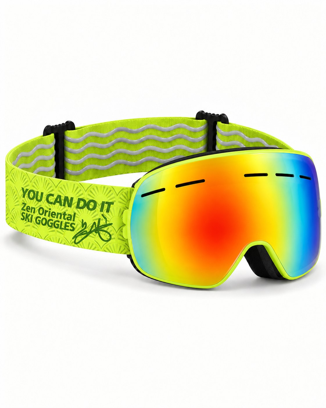 Bumble | Kids Snow Goggles | Spherical Lens, UV400 Protection | Skiing and Snowboarding-Rainbow Lens / Neon Green Frame / Neon Green Strap – opposite side view, studio – Snowgest