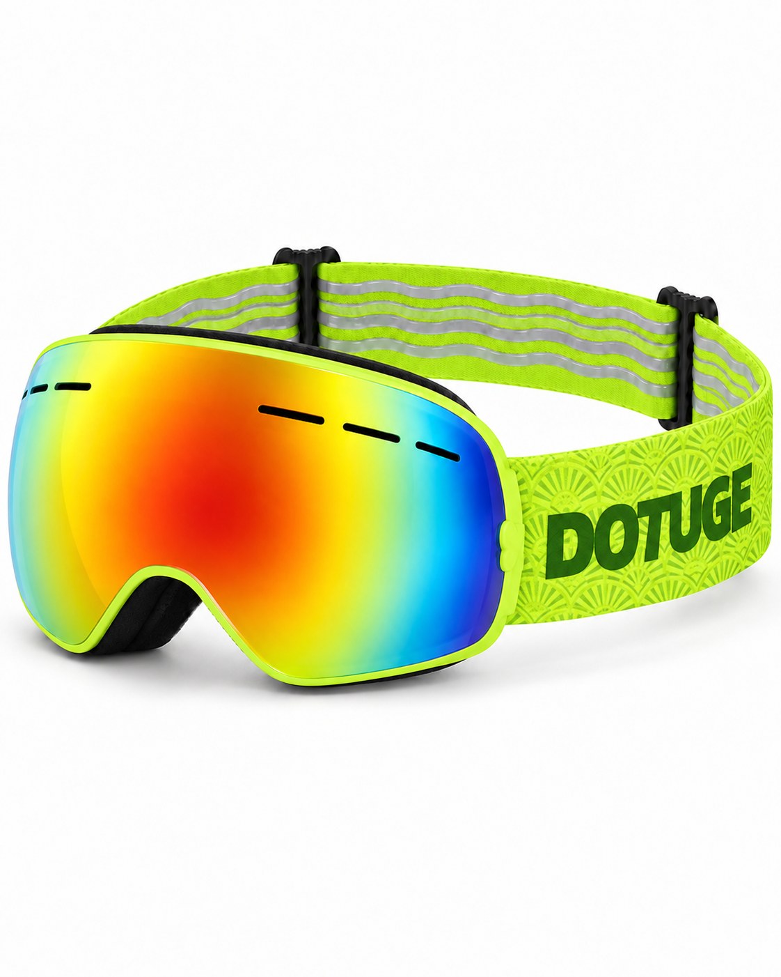 Bumble | Kids Snow Goggles | Spherical Lens, UV400 Protection | Skiing and Snowboarding-Rainbow Lens / Neon Green Frame / Neon Green Strap – three-quarter view, studio – Snowgest