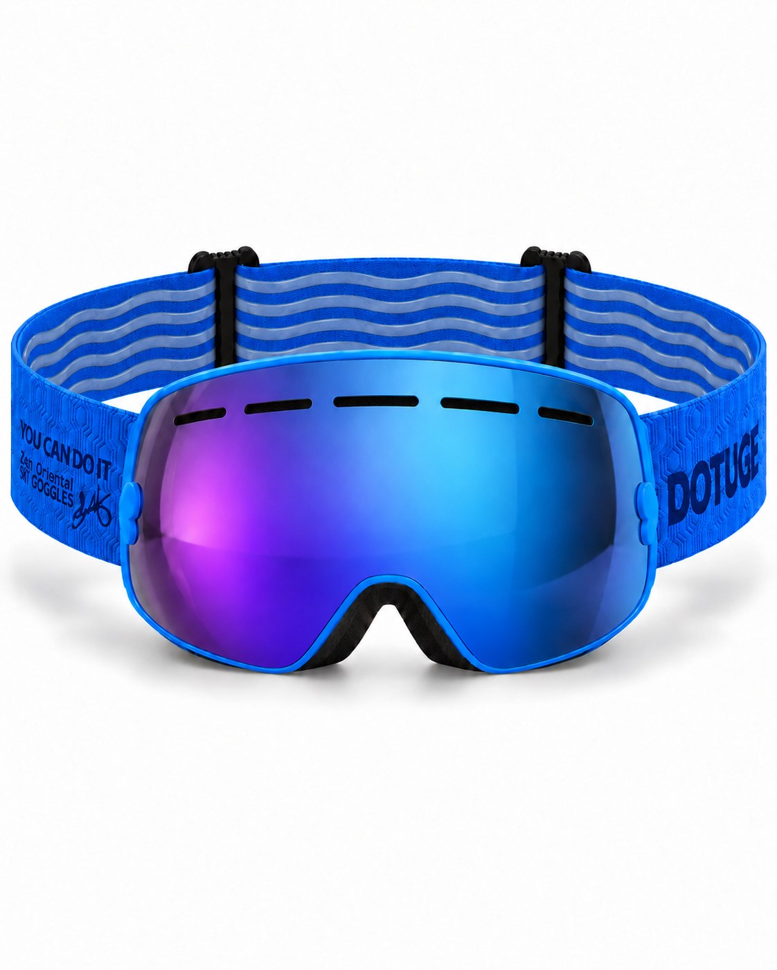 Cirque | Snow Goggles | Spherical Lens, UV400 Protection | Skiing and Snowboarding-Blue Lens / Blue Frame / Blue Strap – front view, studio – Snowgest