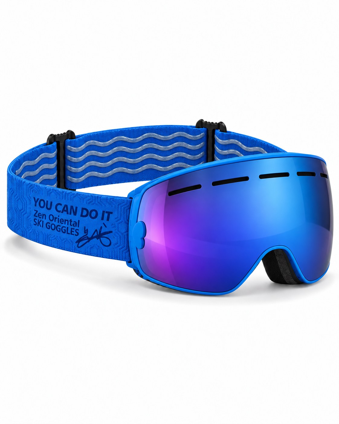 Cirque | Snow Goggles | Spherical Lens, UV400 Protection | Skiing and Snowboarding-Blue Lens / Blue Frame / Blue Strap – opposite side view, studio – Snowgest