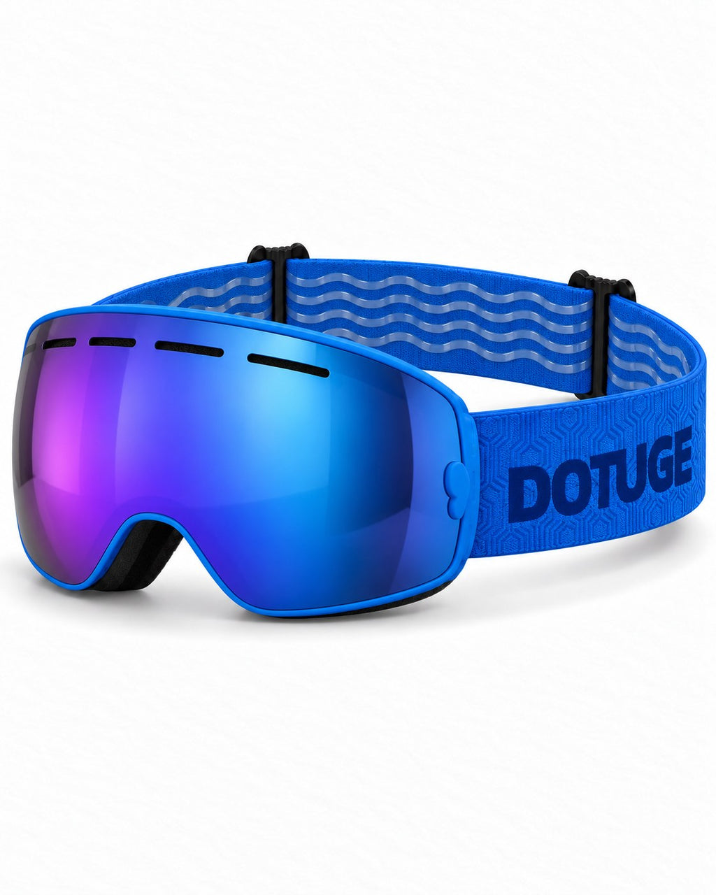 Cirque | Snow Goggles | Spherical Lens, UV400 Protection | Skiing and Snowboarding-Blue Lens / Blue Frame / Blue Strap – three-quarter view, studio – Snowgest