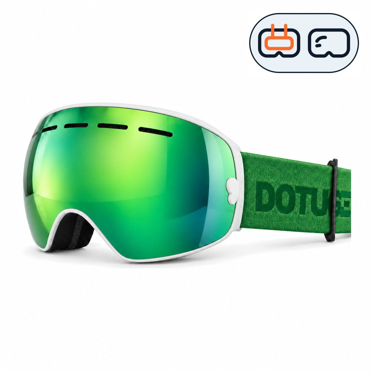 Cirque | Snow Goggles | Spherical Lens, UV400 Protection | Skiing and Snowboarding-Green Lens / White Frame / White Strap-Snowgest