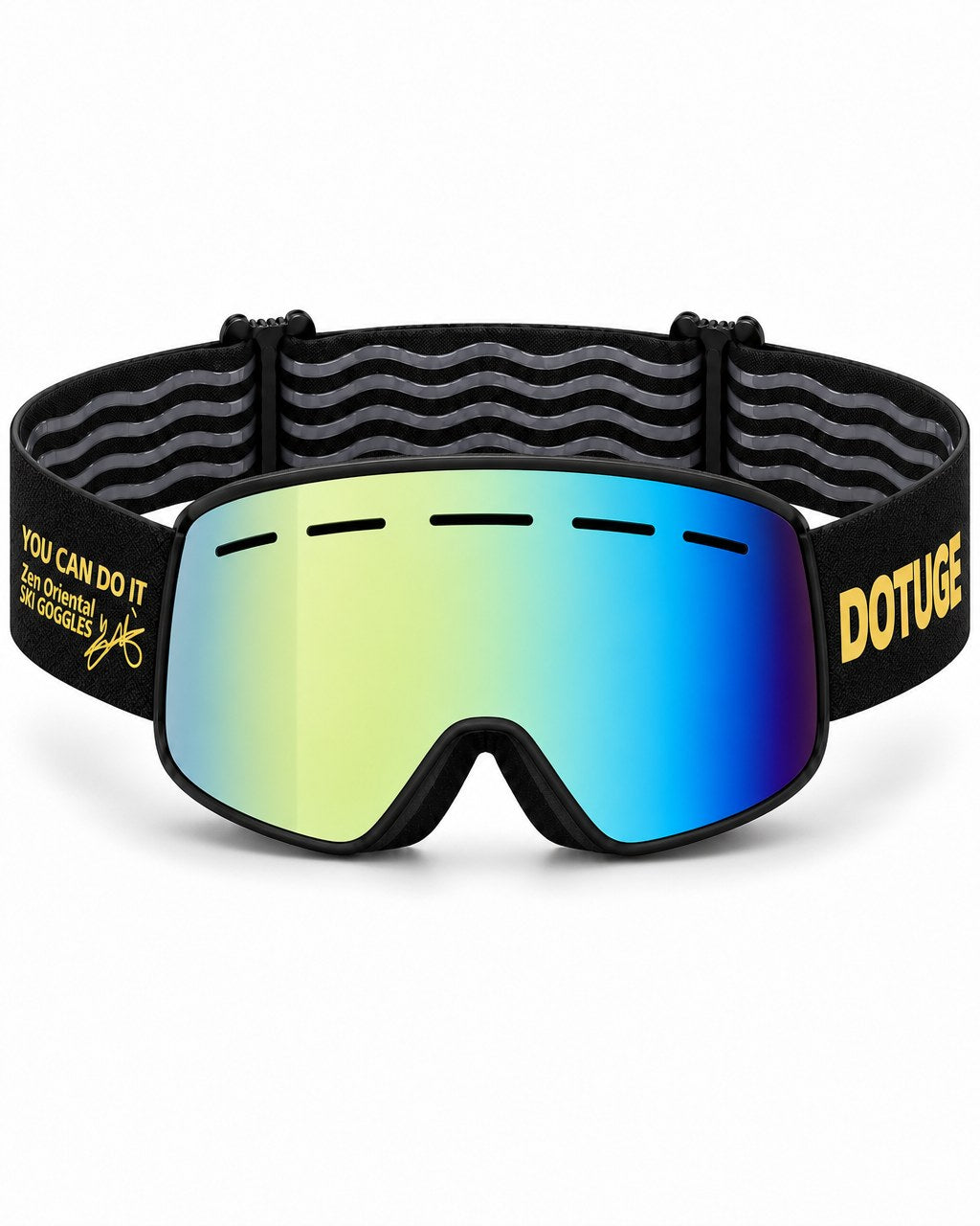 Cobalt | Snow Goggles | Cylindrical Lens, UV400 Protection | Skiing and Snowboarding-Green Lens / Black Frame / Black Strap – front view, studio – Snowgest
