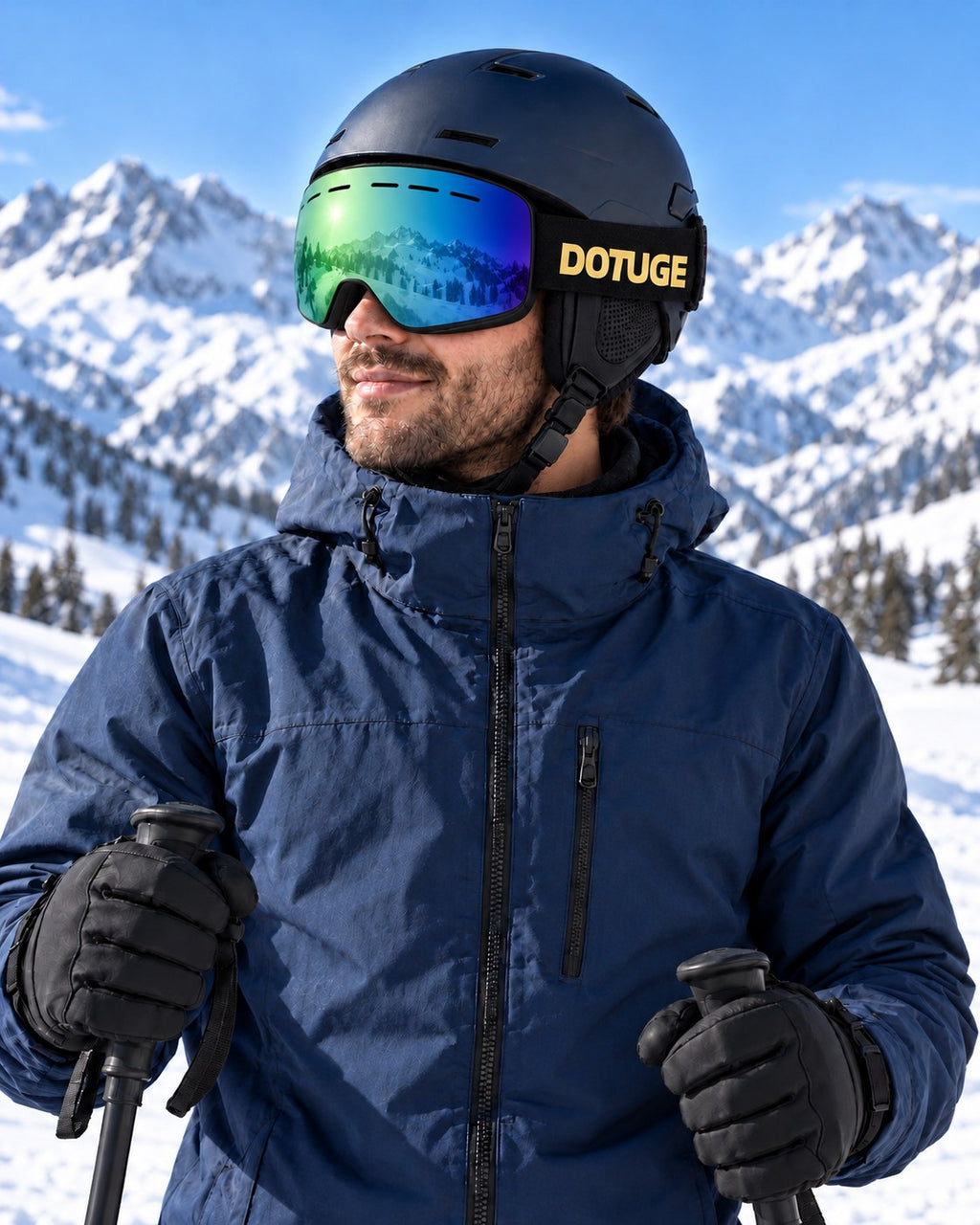 Cobalt | Snow Goggles | Cylindrical Lens, UV400 Protection | Skiing and Snowboarding-Green Lens / Black Frame / Black Strap – worn by a skier on the slopes – Snowgest