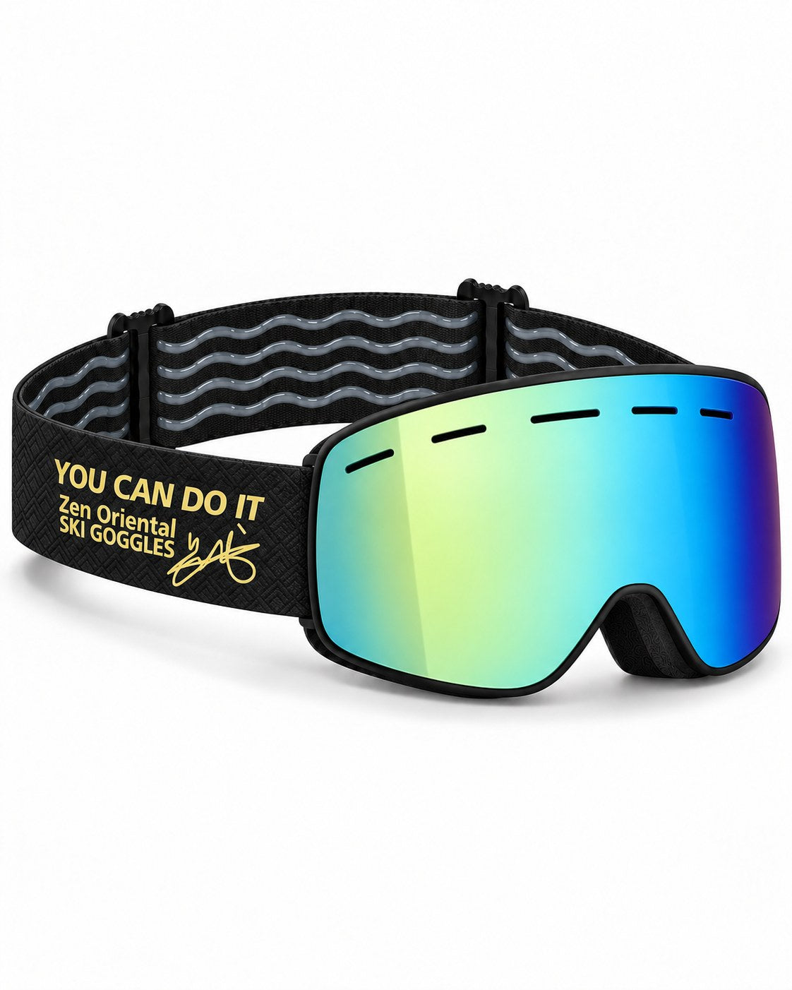 Cobalt | Snow Goggles | Cylindrical Lens, UV400 Protection | Skiing and Snowboarding-Green Lens / Black Frame / Black Strap – opposite side view, studio – Snowgest