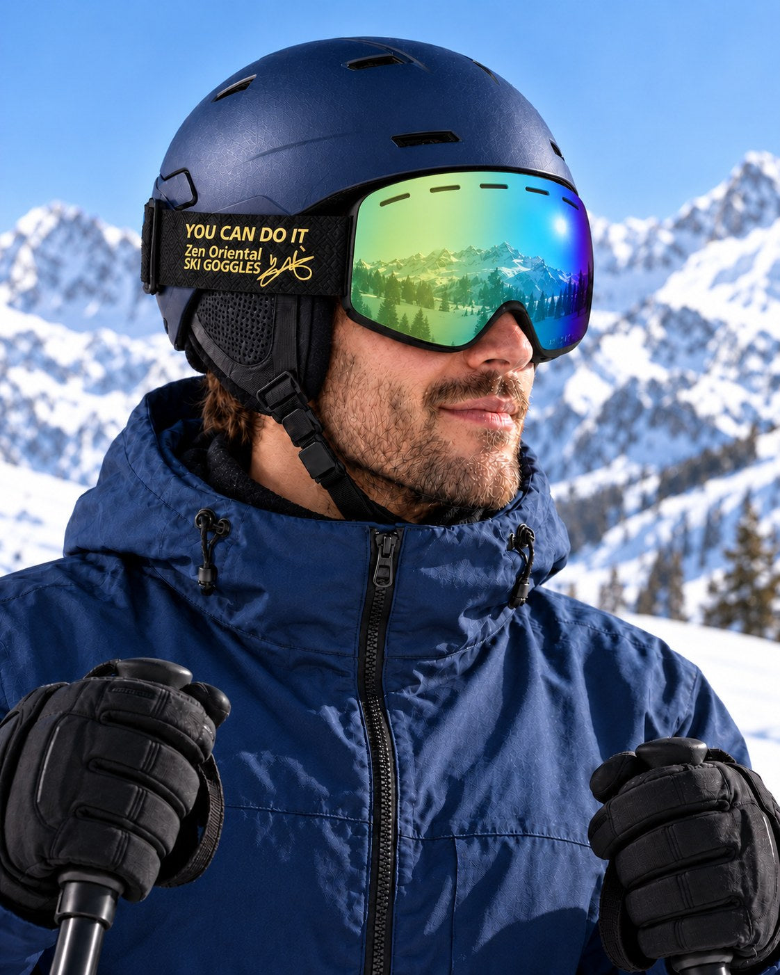 Cobalt | Snow Goggles | Cylindrical Lens, UV400 Protection | Skiing and Snowboarding-Green Lens / Black Frame / Black Strap – side view worn by a skier – Snowgest