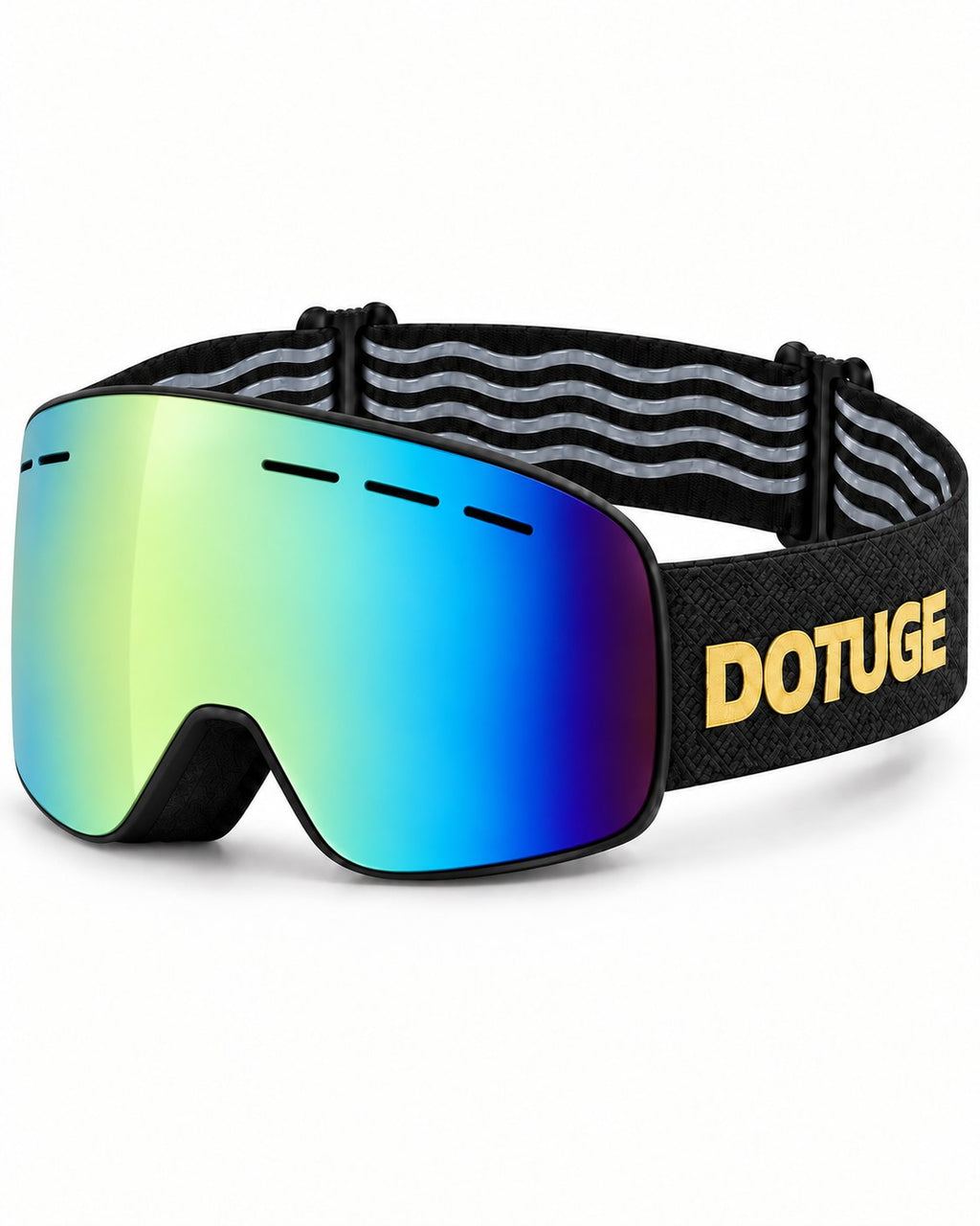 Cobalt | Snow Goggles | Cylindrical Lens, UV400 Protection | Skiing and Snowboarding-Green Lens / Black Frame / Black Strap – three-quarter view, studio – Snowgest