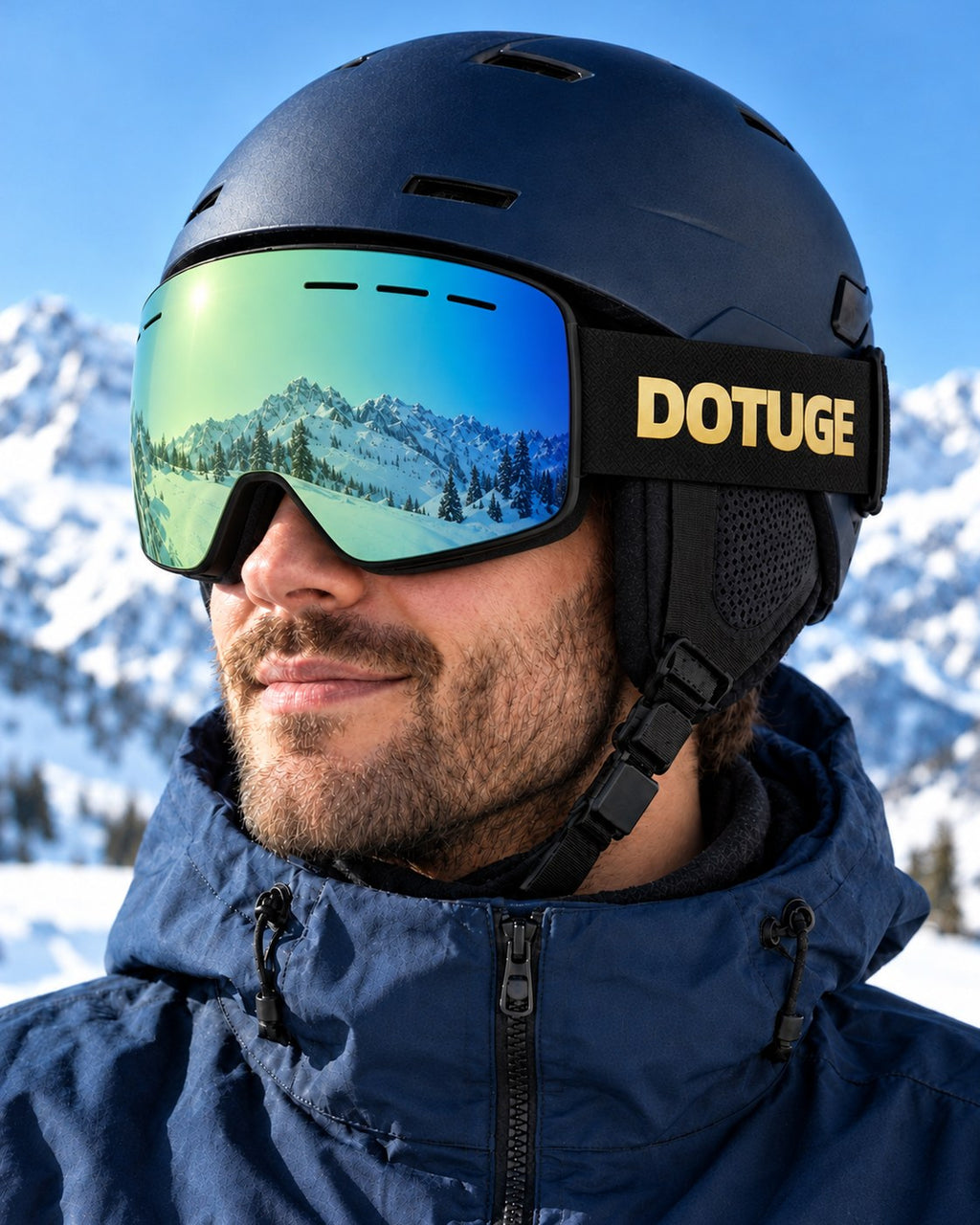 Cobalt | Snow Goggles | Cylindrical Lens, UV400 Protection | Skiing and Snowboarding-Green Lens / Black Frame / Black Strap – worn with a ski helmet, close-up – Snowgest