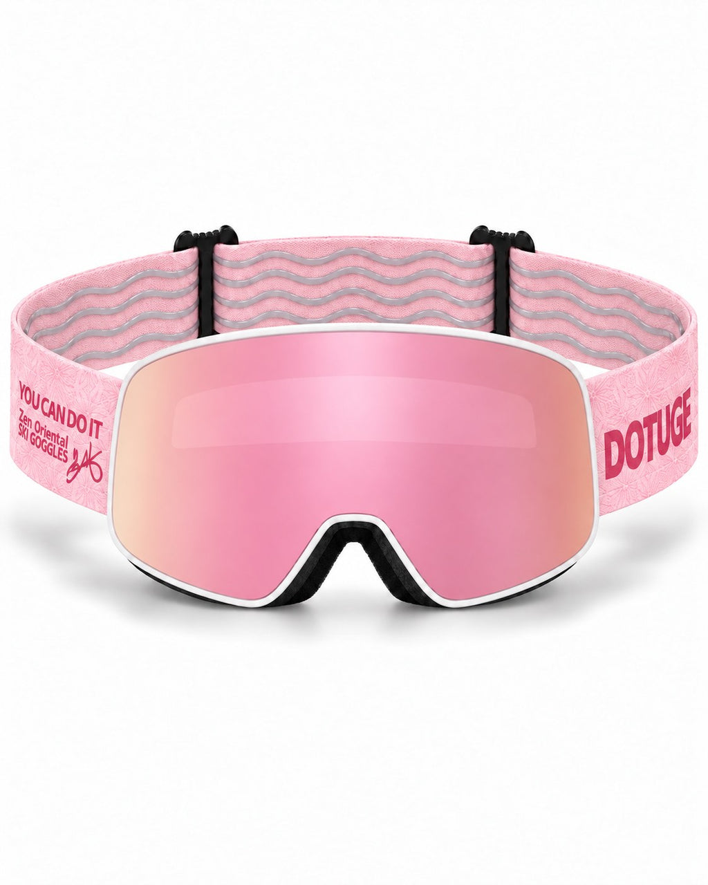 Crest | Snow Goggles | Cylindrical Lens, UV400 Protection | Skiing and Snowboarding-Pink Lens / White Frame / Pink Strap – front view, studio – Snowgest