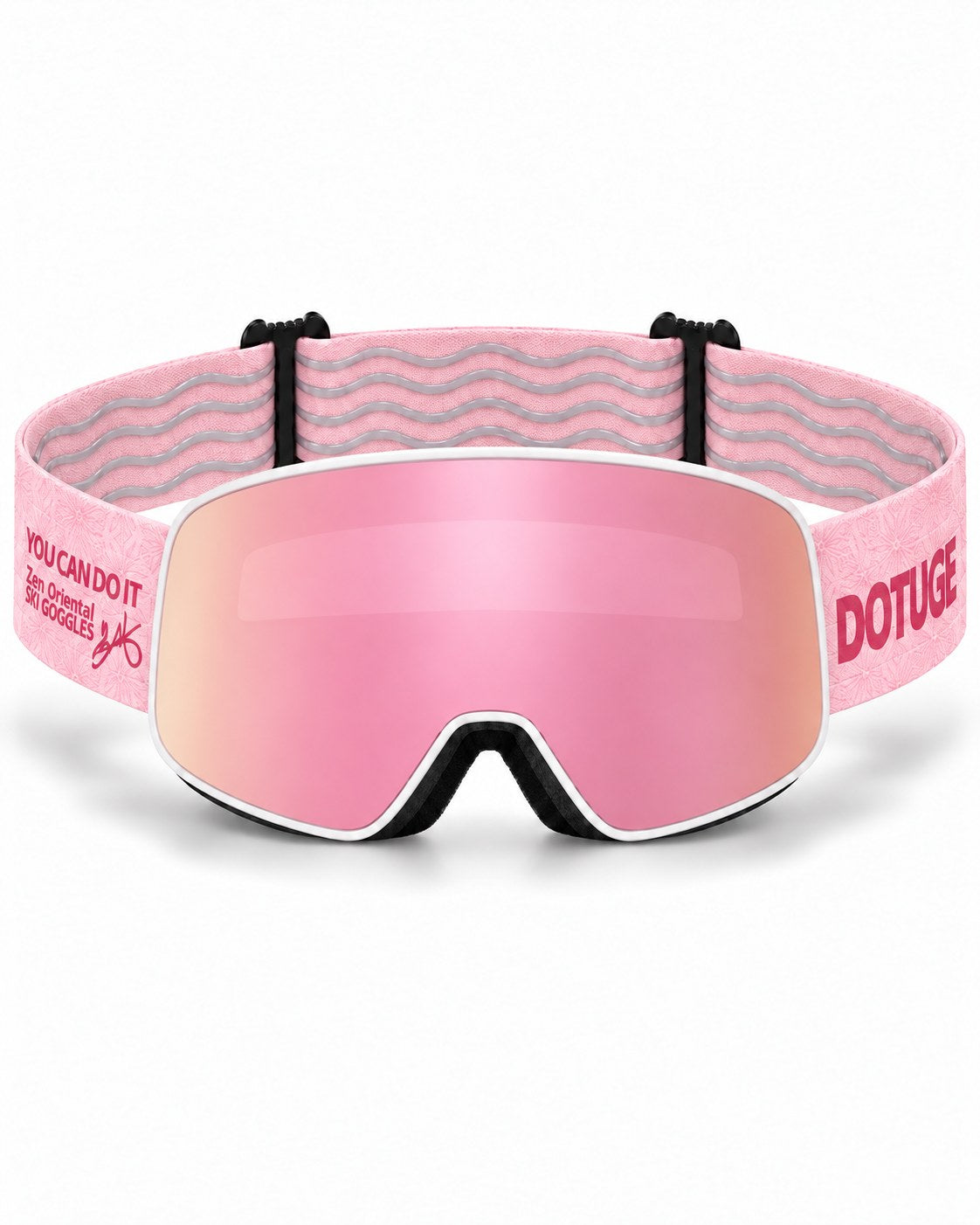 Crest | Snow Goggles | Cylindrical Lens, UV400 Protection | Skiing and Snowboarding-Pink Lens / White Frame / Pink Strap – front view, studio – Snowgest