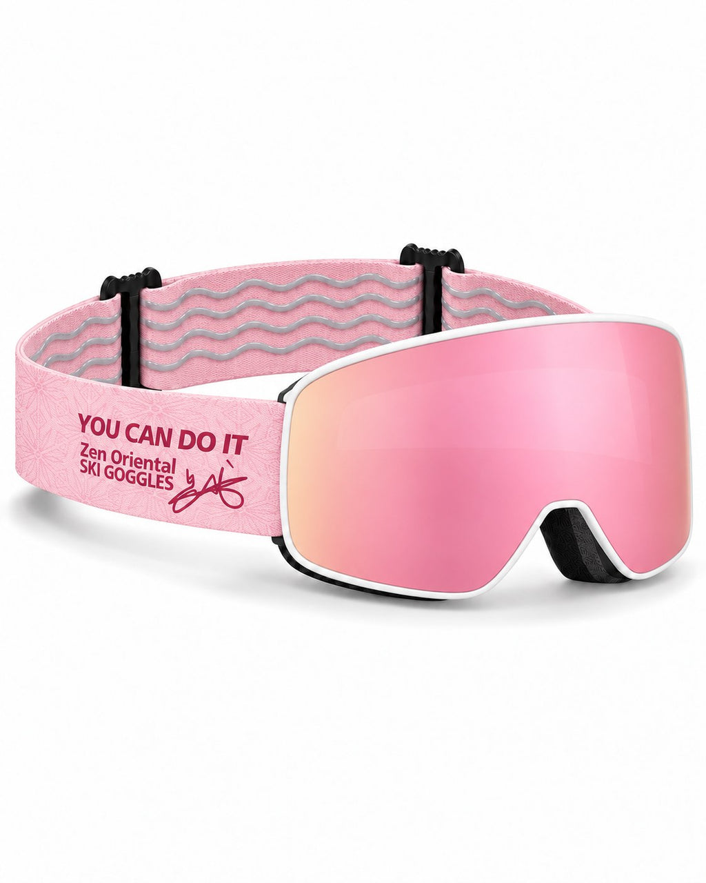Crest | Snow Goggles | Cylindrical Lens, UV400 Protection | Skiing and Snowboarding-Pink Lens / White Frame / Pink Strap – opposite side view, studio – Snowgest