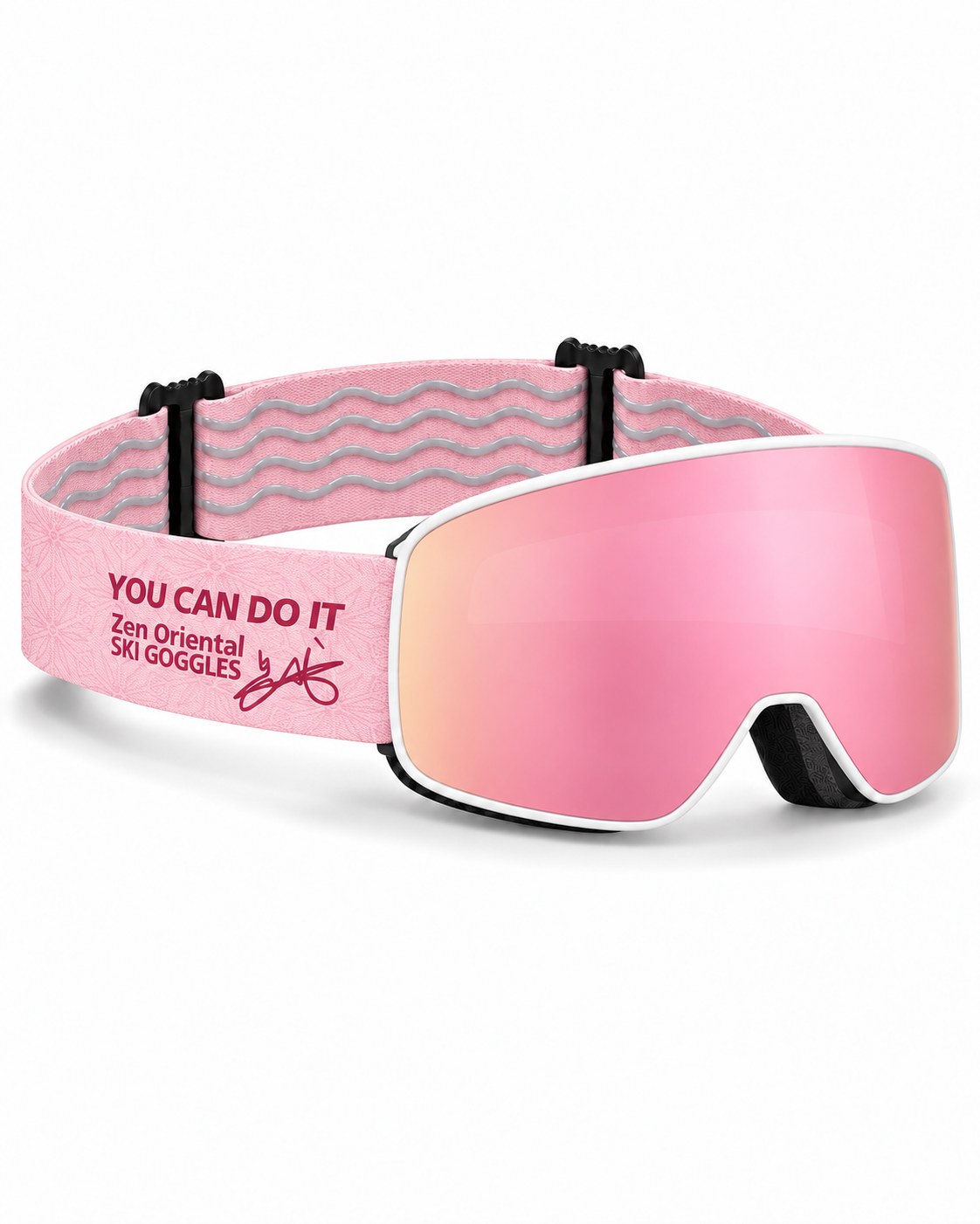 Crest | Snow Goggles | Cylindrical Lens, UV400 Protection | Skiing and Snowboarding-Pink Lens / White Frame / Pink Strap – opposite side view, studio – Snowgest