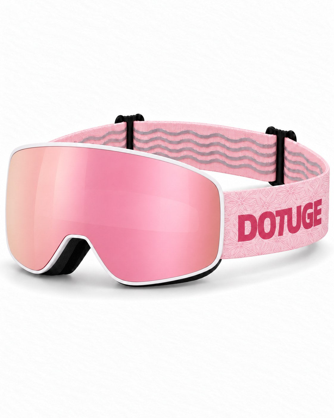 Crest | Snow Goggles | Cylindrical Lens, UV400 Protection | Skiing and Snowboarding-Pink Lens / White Frame / Pink Strap – three-quarter view, studio – Snowgest