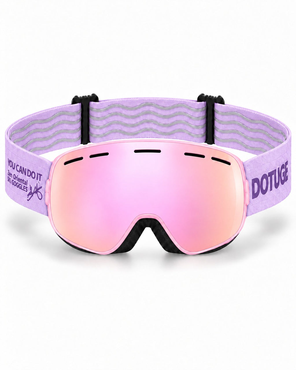 Cub | Kids Snow Goggles | Spherical Lens, UV400 Protection | Skiing and Snowboarding-Pink Lens / Pink Frame / Purple Strap – front view, studio – Snowgest