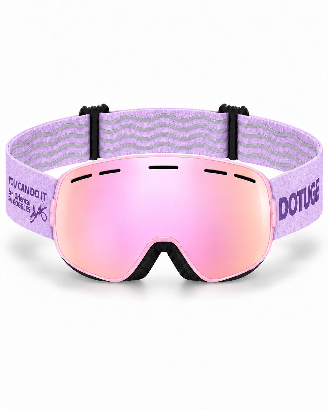 Cub | Kids Snow Goggles | Spherical Lens, UV400 Protection | Skiing and Snowboarding-Pink Lens / Pink Frame / Purple Strap – front view, studio – Snowgest