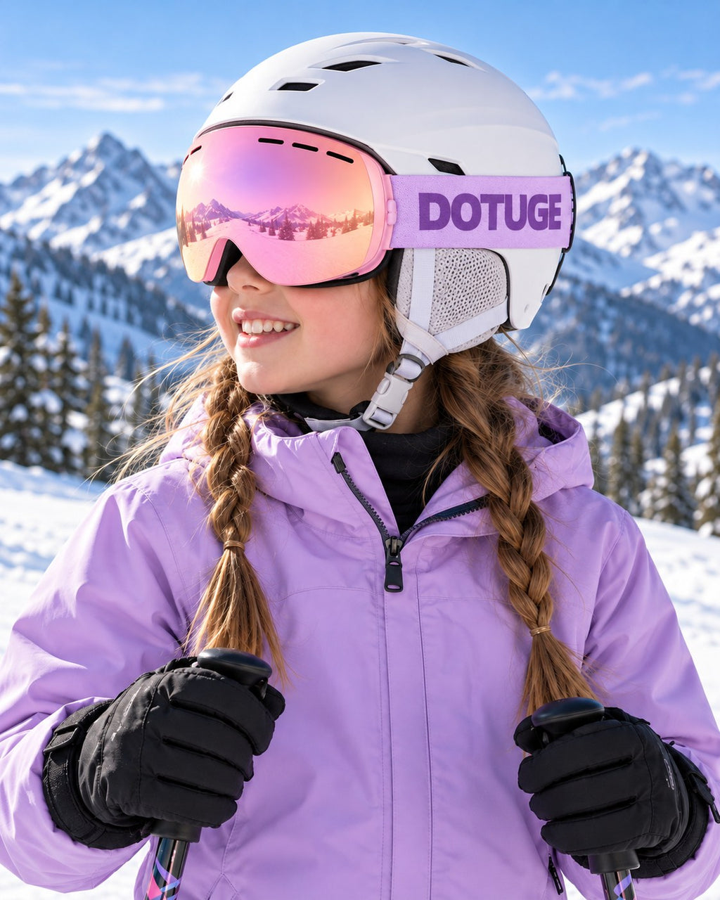 Cub | Kids Snow Goggles | Spherical Lens, UV400 Protection | Skiing and Snowboarding-Pink Lens / Pink Frame / Purple Strap – worn by a skier on the slopes – Snowgest