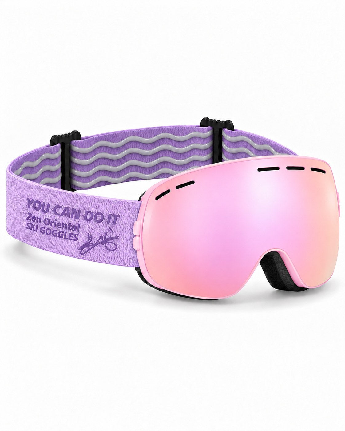Cub | Kids Snow Goggles | Spherical Lens, UV400 Protection | Skiing and Snowboarding-Pink Lens / Pink Frame / Purple Strap – opposite side view, studio – Snowgest
