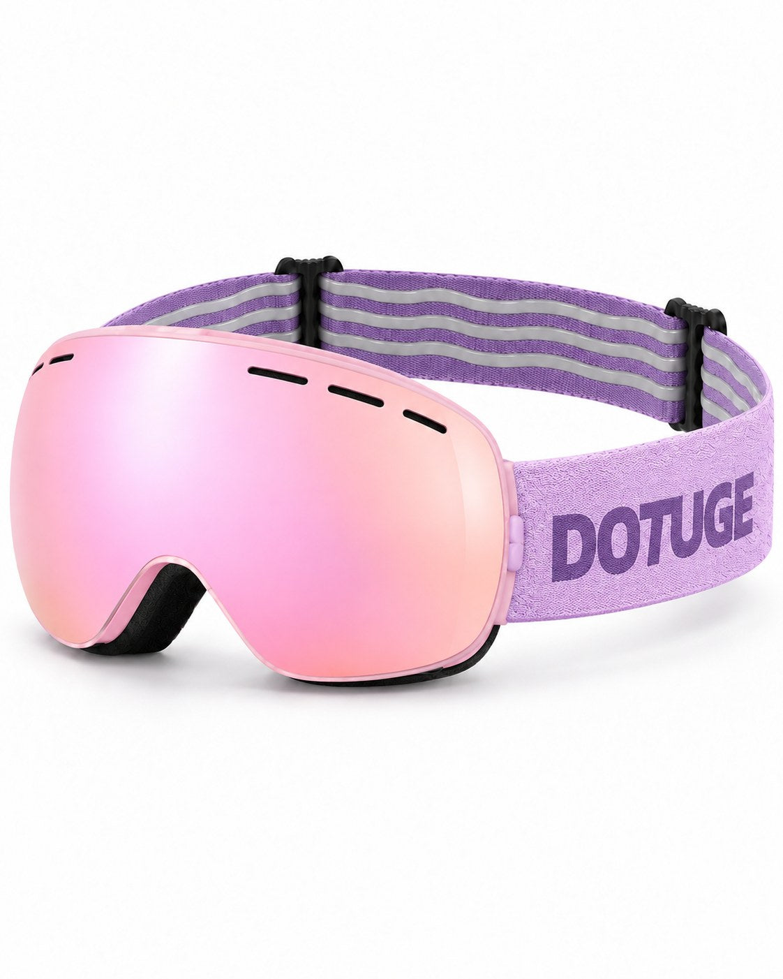 Cub | Kids Snow Goggles | Spherical Lens, UV400 Protection | Skiing and Snowboarding-Pink Lens / Pink Frame / Purple Strap – three-quarter view, studio – Snowgest