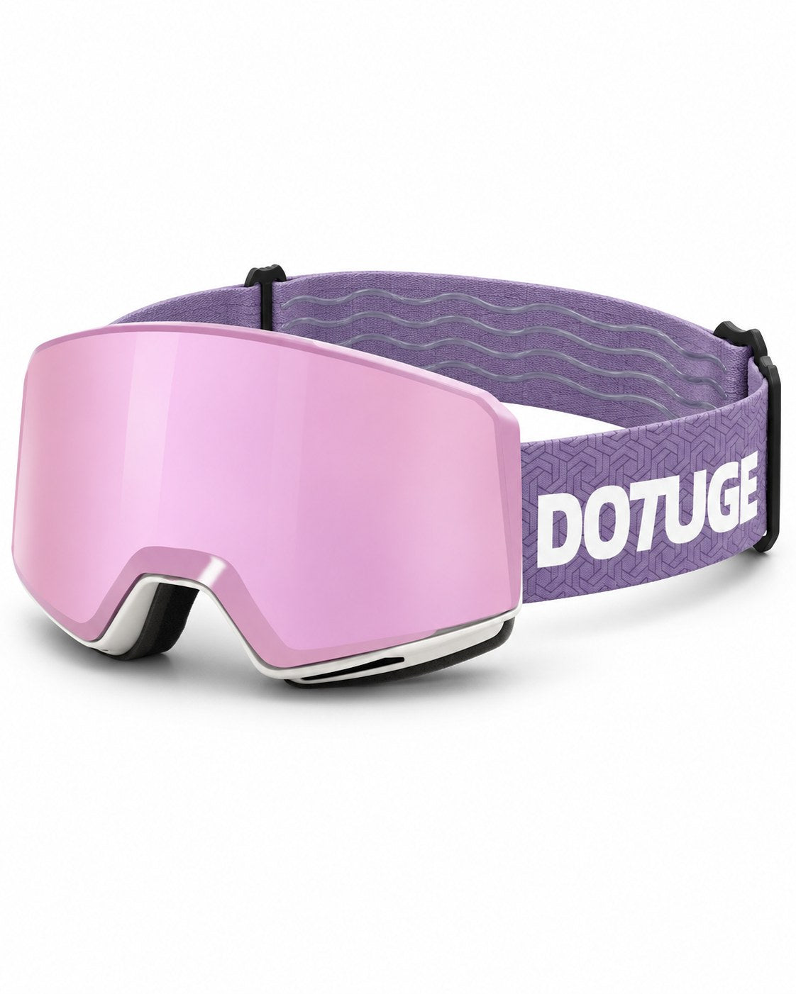Drift 1 | Snow Goggles | Cylindrical Lens, UV400 Protection | Skiing and Snowboarding-Purple Lens / White Frame / Purple Strap – three-quarter view, studio – Snowgest