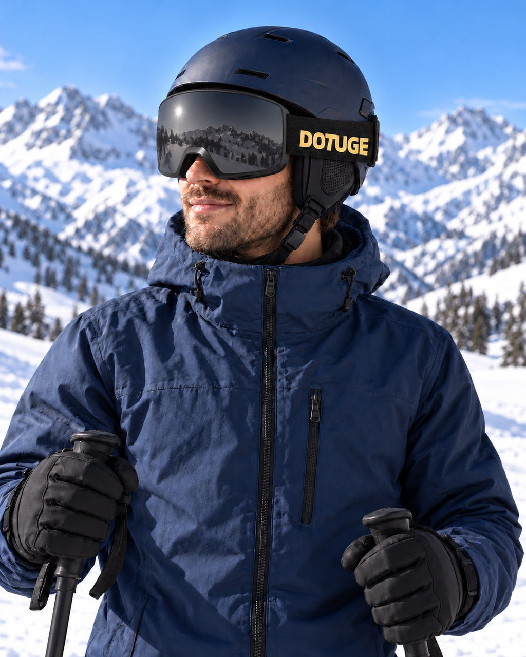 Drift 2 | Snow Goggles | Photochromic Cylindrical Lens, UV400 Protection | Skiing and Snowboarding-Gray Lens / Black Frame / Black Strap – worn by a skier on the slopes – Snowgest