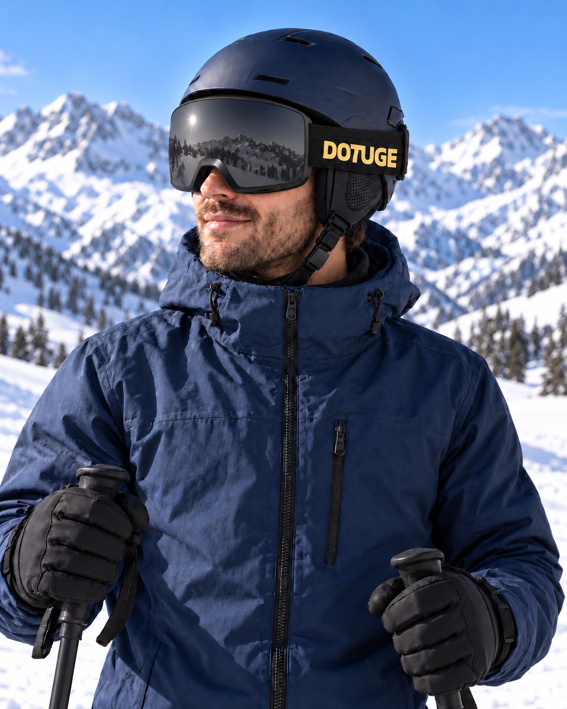 Drift 2 | Snow Goggles | Photochromic Cylindrical Lens, UV400 Protection | Skiing and Snowboarding-Gray Lens / Black Frame / Black Strap – worn by a skier on the slopes – Snowgest