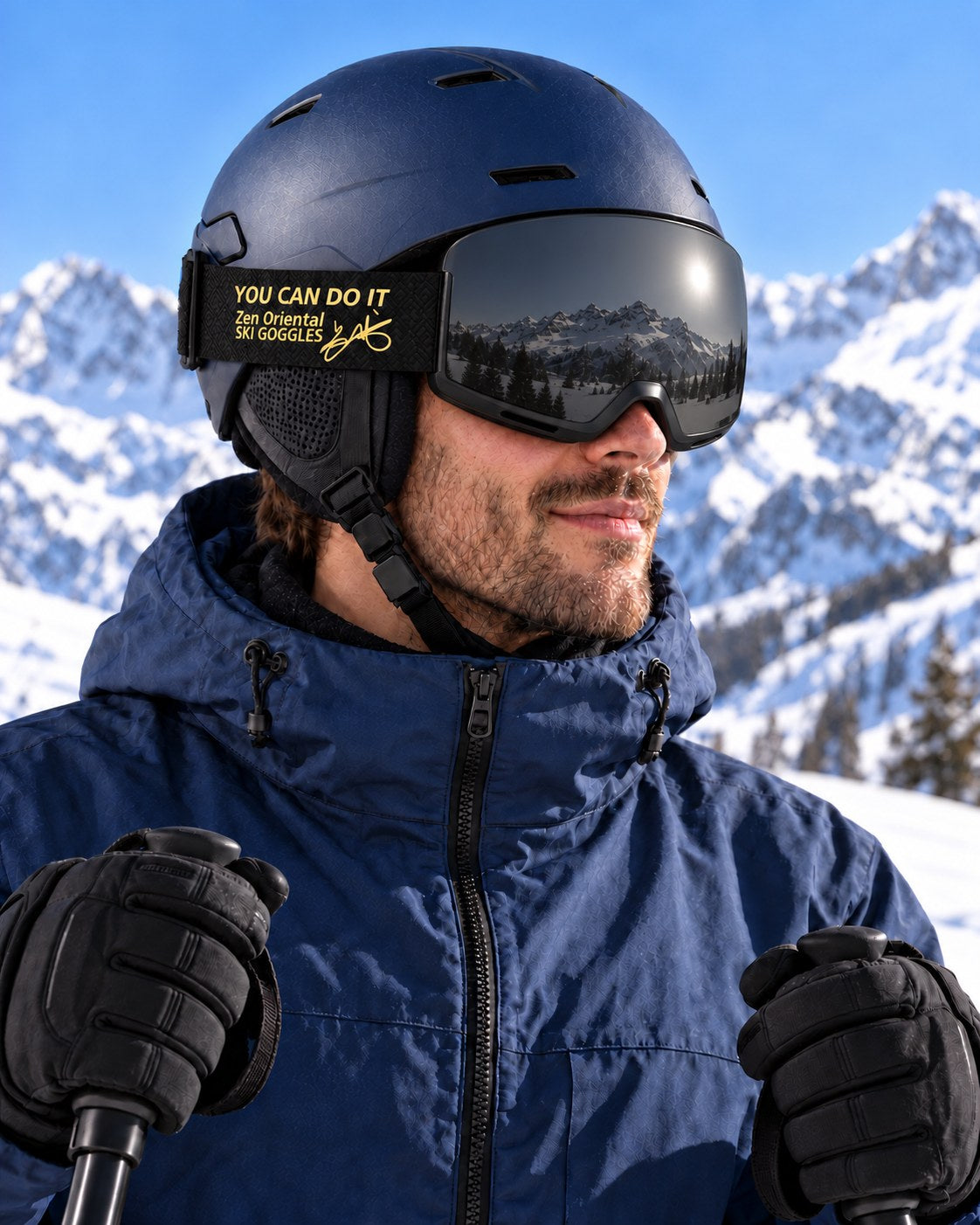 Drift 2 | Snow Goggles | Photochromic Cylindrical Lens, UV400 Protection | Skiing and Snowboarding-Gray Lens / Black Frame / Black Strap – side view worn by a skier – Snowgest