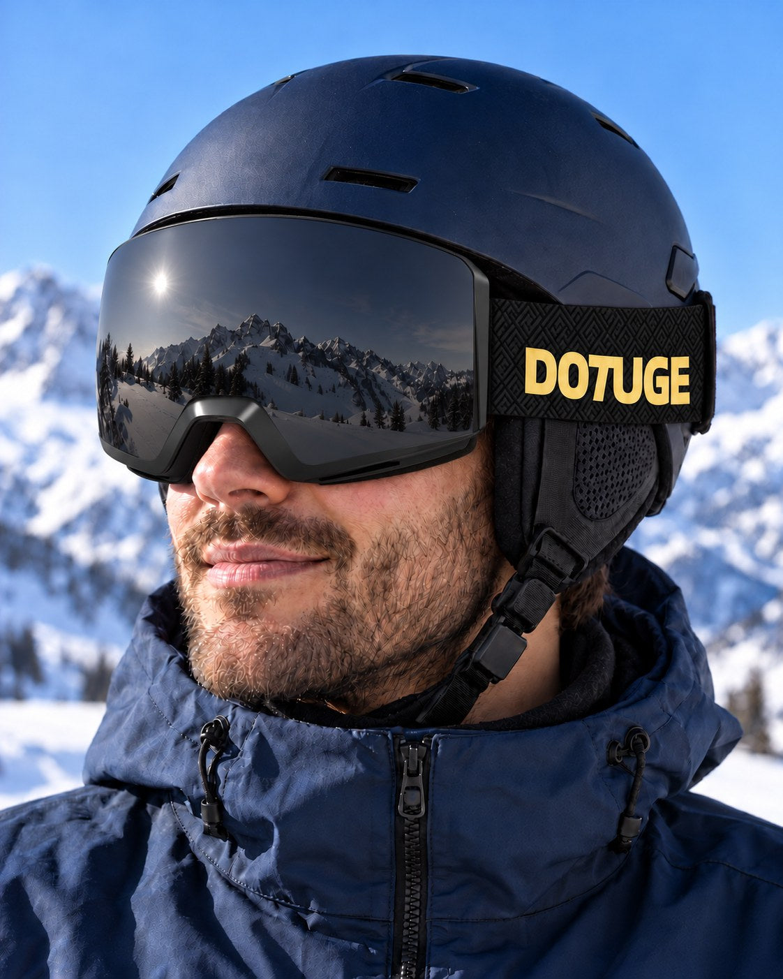 Drift 2 | Snow Goggles | Photochromic Cylindrical Lens, UV400 Protection | Skiing and Snowboarding-Gray Lens / Black Frame / Black Strap – worn with a ski helmet, close-up – Snowgest