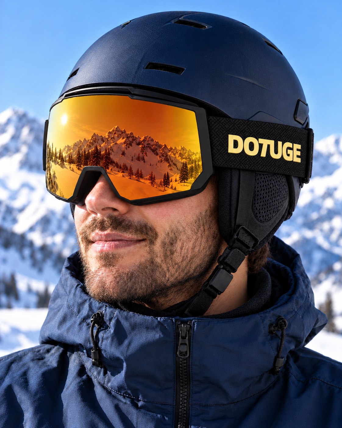 Drift 3 | Snow Goggles | Cylindrical Lens, UV400 Protection | Skiing and Snowboarding-Red Lens / Black Frame / Black Strap – worn with a ski helmet, close-up – Snowgest