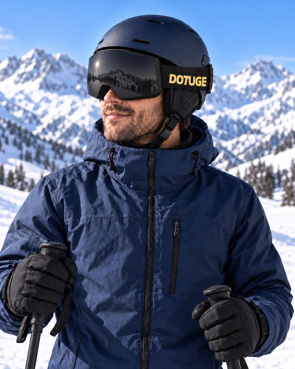Drift 4 | Snow Goggles | Photochromic Cylindrical Lens, UV400 Protection | Skiing and Snowboarding-Black Lens / Black Frame / Black Strap – worn by a skier on the slopes – Snowgest